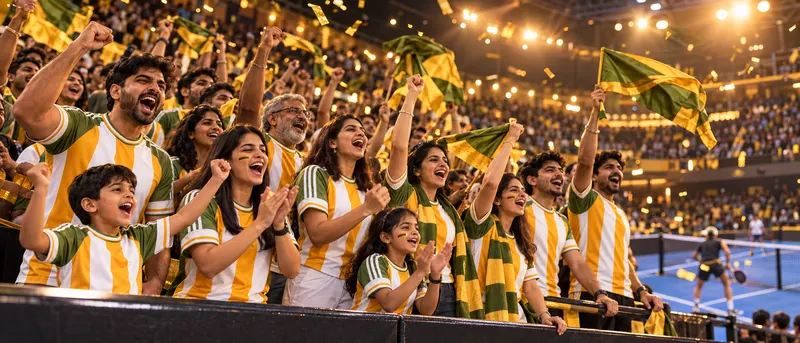 Families and fans in Titans jerseys cheering and waving green-and-gold flags