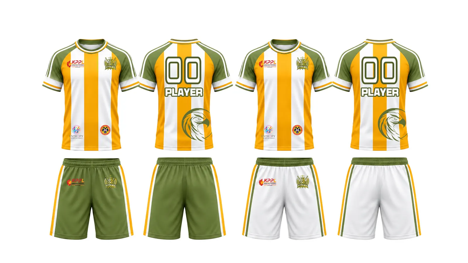 Tumakuru Titans home kit front and back, with green and white shorts